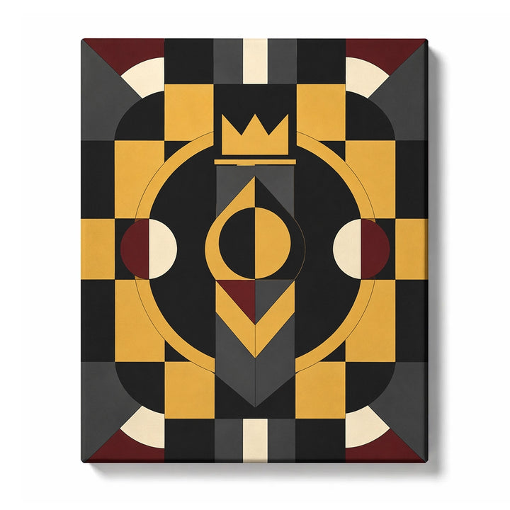 Geometric Abstract Paint by Numbers for Beginners featuring a regal emblem of gold and grey geometry with a crown