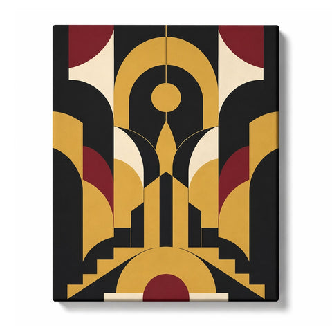 Geometric Abstract Paint by Numbers for Beginners featuring grand art deco arches and towers in gold, red and cream