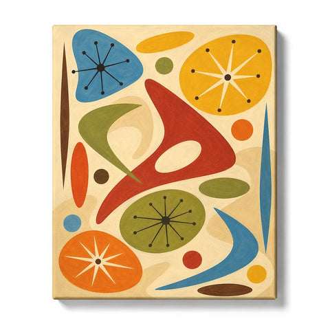 Retro Abstract Paint by Numbers for Beginners featuring mid-century atomic shapes with boomerangs, dots and petals