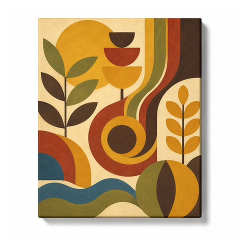 Retro Abstract Paint by Numbers for Beginners featuring wheat, vessels and round fruits in warm earth tones
