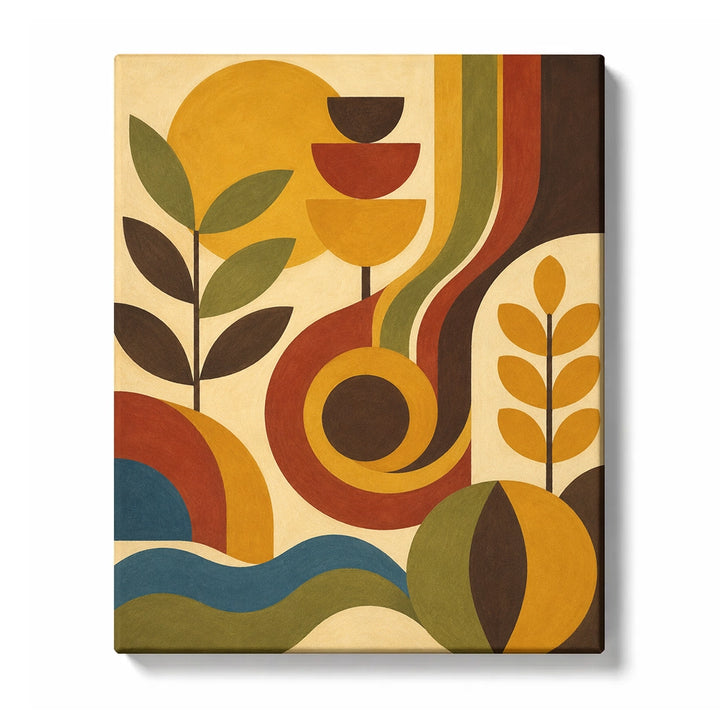 Retro Abstract Paint by Numbers for Beginners featuring wheat, vessels and round fruits in warm earth tones