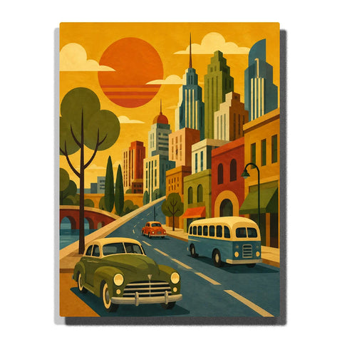 Retro City Paint by Numbers For Adults featuring vintage green car, blue cream bus, geometric skyscrapers, arched bridge and oversized orange sunset
