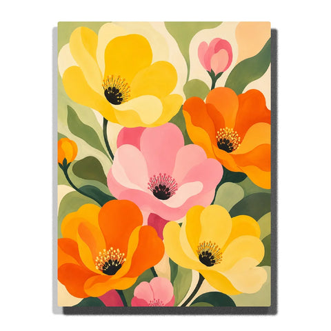 Colorful Flower Paint by Numbers for Beginners featuring large yellow, pink and orange blossoms with broad green leaves in a simplified abstract botanical style