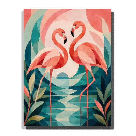 Flamingo Paint by Numbers For Adults featuring two coral pink flamingos with geometric turquoise water reflections, tropical leaves and abstract curved shapes