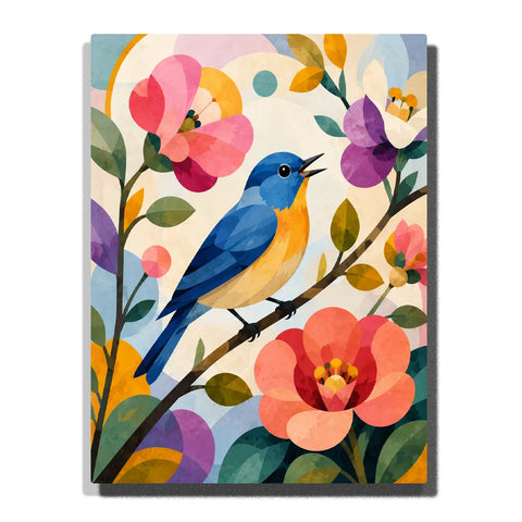 Blue and Orange Bird Paint by Numbers For Adults featuring colorful songbird perched among pink coral purple flowers, green leaves and abstract geometric shapes