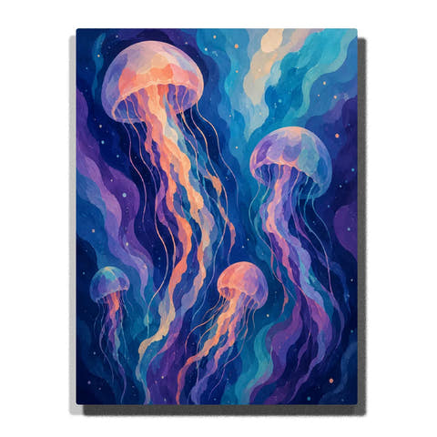 Ocean Animal Paint by Numbers For Adults featuring four glowing jellyfish with flowing pink purple and coral tentacles drifting through colorful blue turquoise deep sea water