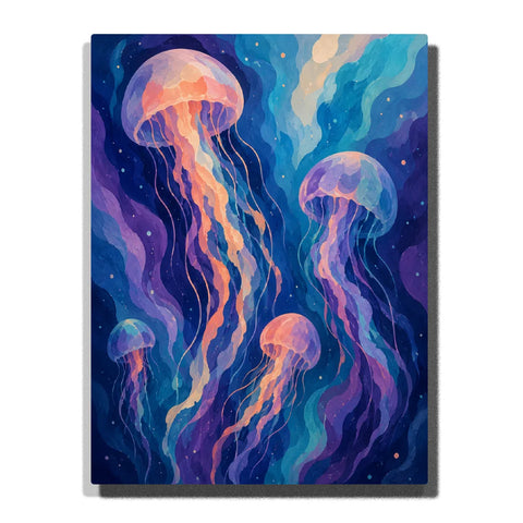Ocean Animal Paint by Numbers For Adults featuring four glowing jellyfish with flowing pink purple and coral tentacles drifting through colorful blue turquoise deep sea water
