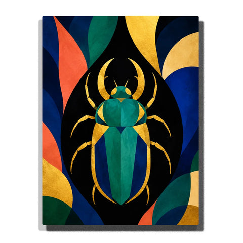 Abstract Beetle Paint by Numbers For Adults featuring symmetrical emerald green and cobalt beetle with gold accents, geometric shapes and bold black background