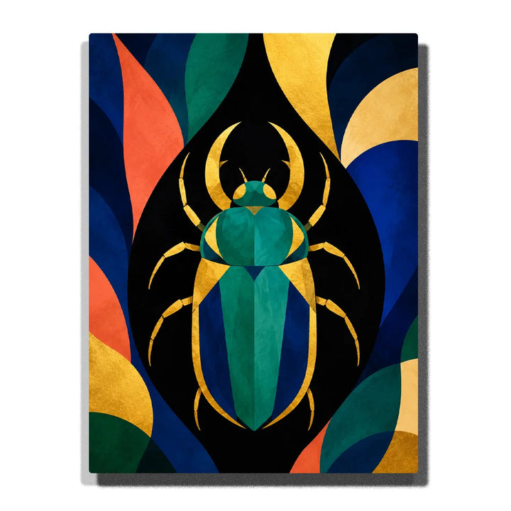 Abstract Beetle Paint by Numbers For Adults featuring symmetrical emerald green and cobalt beetle with gold accents, geometric shapes and bold black background