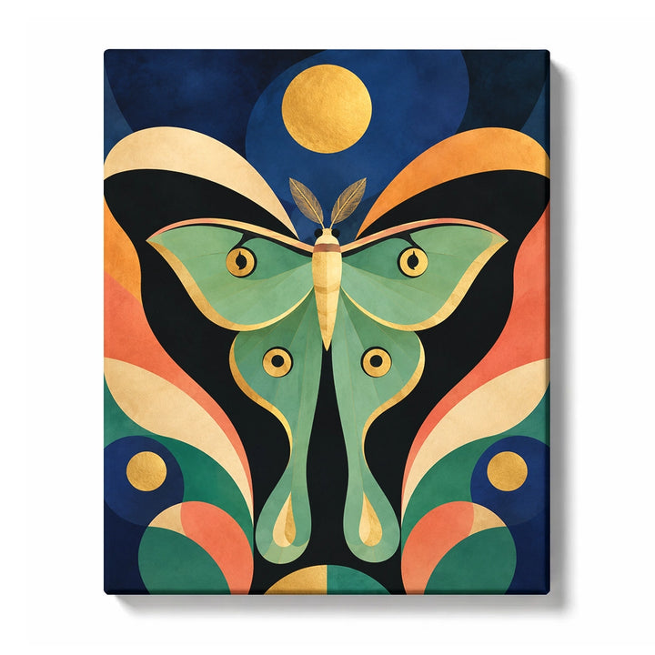 Abstract Luna Moth Paint by Numbers for Beginners featuring mirrored wings among verdant leaves and a golden moon