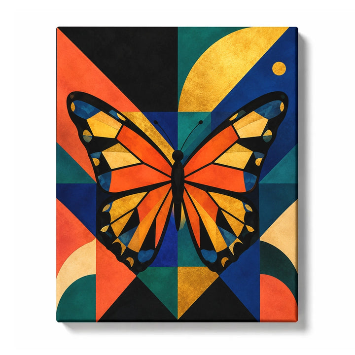 Abstract Butterfly Paint by Numbers for Beginners featuring spread wings over a geometric patchwork of orange and blue