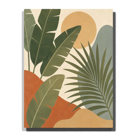 Tropical Abstract Paint by Numbers for Beginners featuring large banana leaves, palm frond, golden sun, terracotta shapes and muted sage green botanical forms