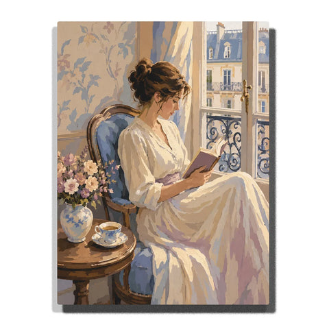 Paris Window Reader - finished paint by numbers canvas on a white background
