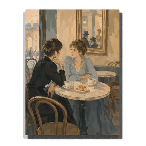 Degas inspired Paint by Numbers For Adults featuring two women talking over coffee and pastries at a European café table with mirror and impressionist interior