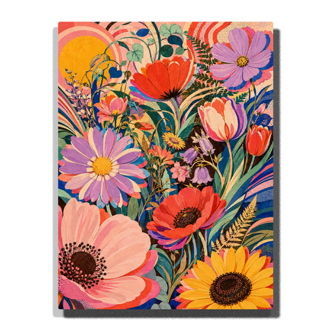 Colorful floral garden with blooming daisies, tulips, poppies, sunflowers, and lush botanical leaves in a vibrant modern flower paint by numbers wall art style