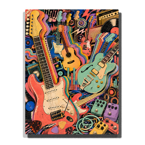 Colorful pop art collage of electric guitars, acoustic guitars, vinyl records, audio equipment, and music accessories with vibrant retro patterns in music themed paint by numbers wall art