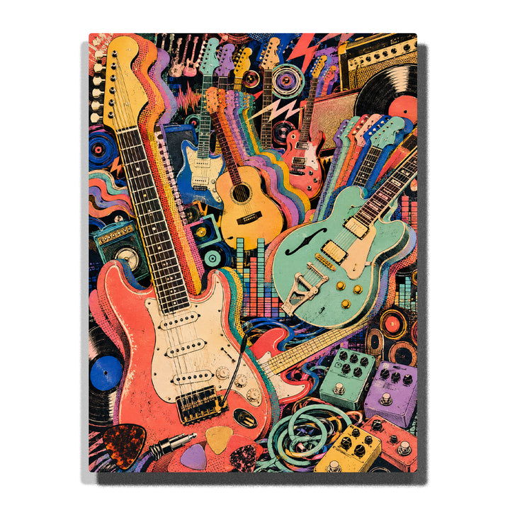 Colorful pop art collage of electric guitars, acoustic guitars, vinyl records, audio equipment, and music accessories with vibrant retro patterns in music themed paint by numbers wall art