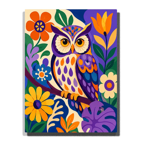 Matisse Paint by Numbers For Beginners featuring colorful owl with purple orange blue feathers surrounded by oversized flowers and tropical leaves