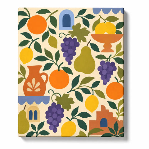 Matisse Paint by Numbers For Beginners featuring colorful oranges, lemons, purple grapes, pears and leafy branches in abstract Mediterranean fruit design