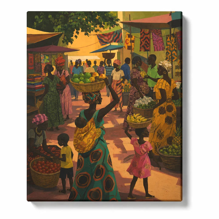 Kerry James Marshall Inspired Paint by Numbers For Adults featuring colorful African market scene with vendors, fruit baskets, patterned clothing and community life