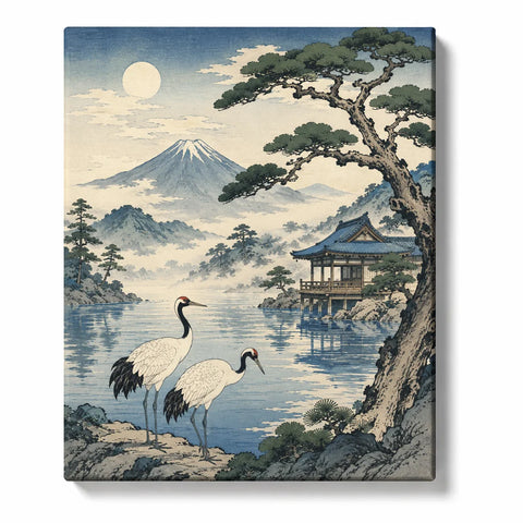 Hokusai-inspired Paint by Numbers landscape with two cranes beside a lake, Mount Fuji, a spreading pine tree and a traditional Japanese building.