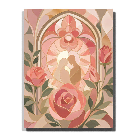 Anniversary Paint by Numbers Gift For Couples featuring romantic embracing silhouettes surrounded by blush pink roses, green leaves and elegant ornamental floral arches