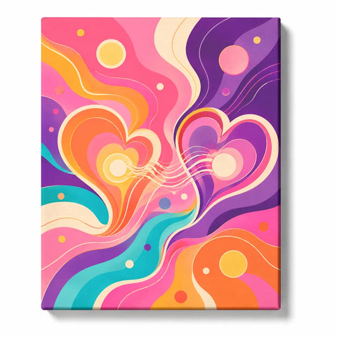 Abstract Love Paint by Numbers For Beginners featuring two connected hearts with large flowing pink purple orange turquoise and cream color blocks