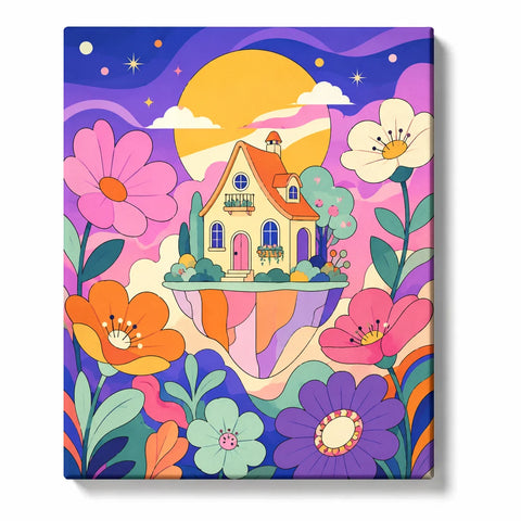 Colorful Paint by Numbers For Beginners featuring whimsical cottage surrounded by oversized pink orange purple flowers with golden sun and vibrant abstract garden