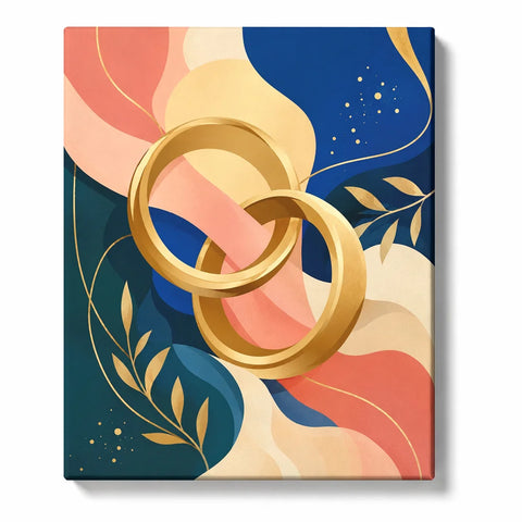Paint by Numbers artwork of two interlocking gold wedding rings over coral, cream, navy and teal shapes with gold-colored leaves and fine curved lines.