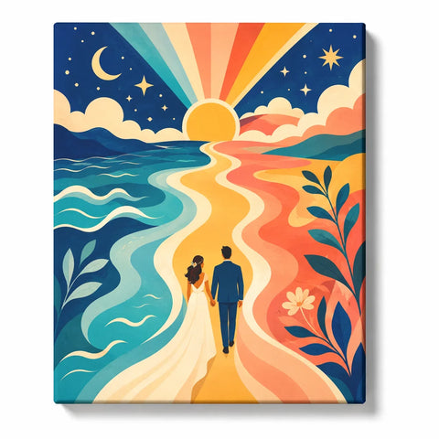 Wedding Paint by Numbers For Beginners featuring bride and groom walking hand in hand toward colorful sunrise with ocean waves, stars and flowing abstract landscape