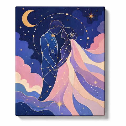 Wedding Paint by Numbers For Adults featuring celestial bride and groom holding hands beneath crescent moon and stars with constellations, pink clouds and flowing pastel gown