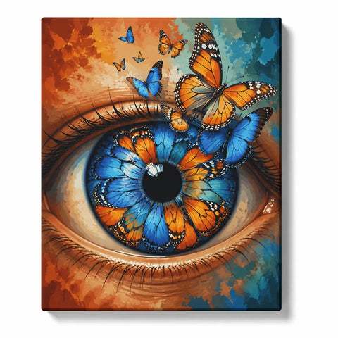 Butterfly Eye Paint by Numbers For Adults featuring surreal eye portrait with blue and orange butterflies, colorful wings and contemporary artistic design