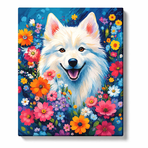 Dog Paint by Numbers For Adults featuring fluffy white dog surrounded by colorful pink orange yellow blue and purple flowers