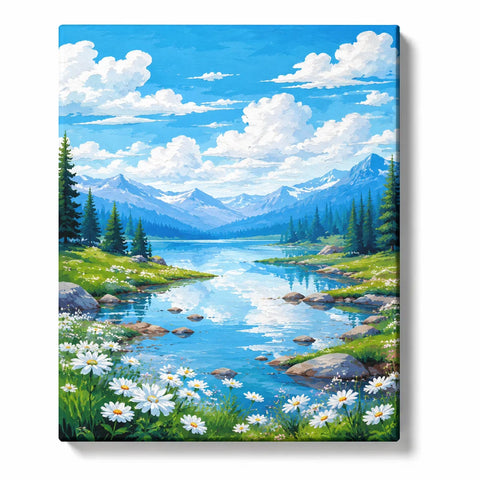 Mountain Landscape Paint by Numbers For Adults featuring alpine lake, snow mountains, evergreen forest and white wildflowers under blue sky