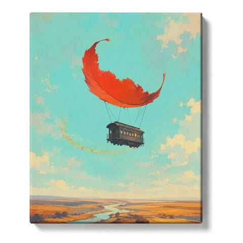 Fantasy Train Paint by Numbers For Adults featuring floating vintage train under giant autumn leaf with countryside landscape, river and turquoise sky