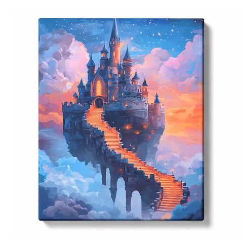 Fantasy Castle Paint by Numbers For Adults featuring floating castle above clouds with glowing staircase, magical sky and dreamlike landscape