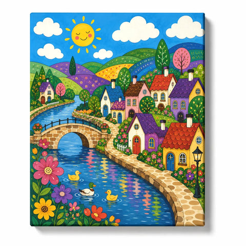 Colorful Village Landscape Paint by Numbers For Adults featuring whimsical cottages, river bridge, flowers, ducks and playful folk art style