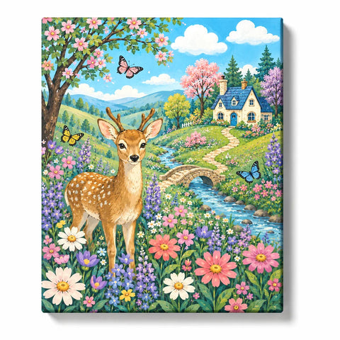 Deer Paint by Numbers For Adults featuring whimsical garden scene with flowers, butterflies, cottage, colorful hills and Karla Gerard inspired style