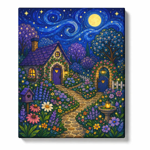 Whimsical Moon Garden Paint by Numbers For Adults featuring colorful cottages, flowers, glowing lanterns, fantasy night sky and Karla Gerard inspired style