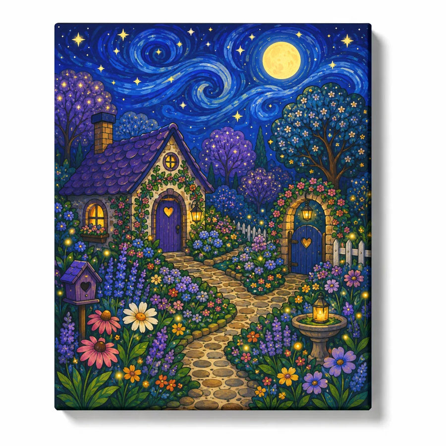 Whimsical Moon Garden with Colorful Cottages