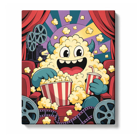 Pop art Paint by Numbers illustration of a smiling popcorn monster holding soda in a red cinema seat, surrounded by popcorn, curtains and film reels.