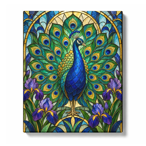 Stained Glass Peacock Garden - PaintEasy paint by numbers kit design featuring a regal stained glass peacock with a fanned tail among purple irises and golden leaded glass