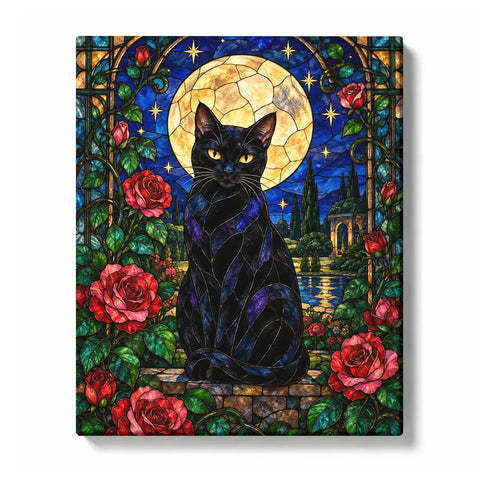 Moonlit Cat Stained Glass - PaintEasy paint by numbers kit design featuring a black cat seated before a full moon framed by red roses and garden vines in stained glass