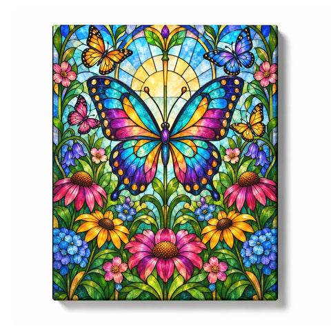 Stained Glass Butterfly Garden - PaintEasy paint by numbers kit design featuring butterflies drifting over coneflowers, daisies and bluebells in a stained glass summer garden