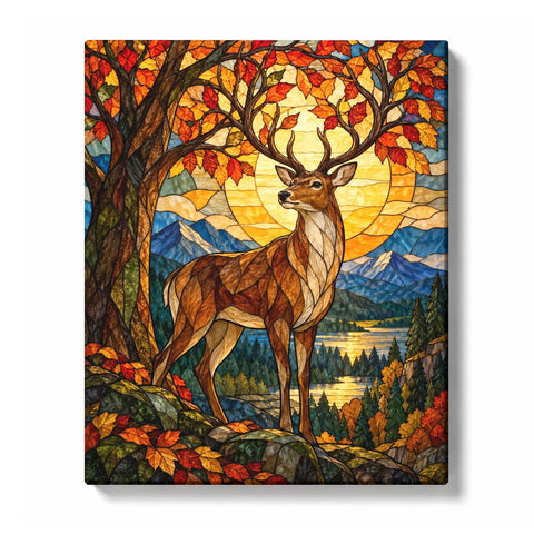 Deer Paint by Numbers For Adults featuring stained glass deer in autumn forest with colorful leaves, mountains, lake and golden sunset