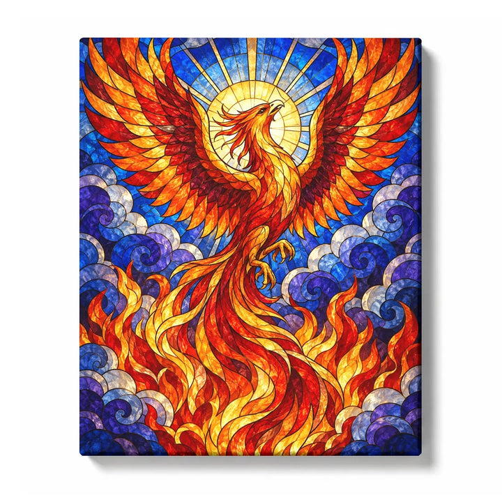Fiery phoenix rising before a sun amid cobalt stained-glass clouds