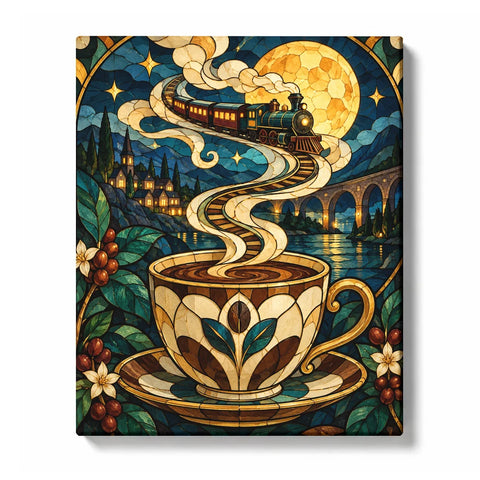 Moonlit Train Coffee Paint by Numbers For Adults featuring fantasy train journey from coffee cup with stained glass style, moon, stars and colorful landscape