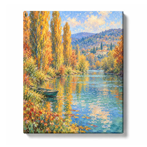 Monet Inspired River Landscape Paint by Numbers For Adults featuring autumn trees, reflective water, small boat, hills and impressionist countryside scenery