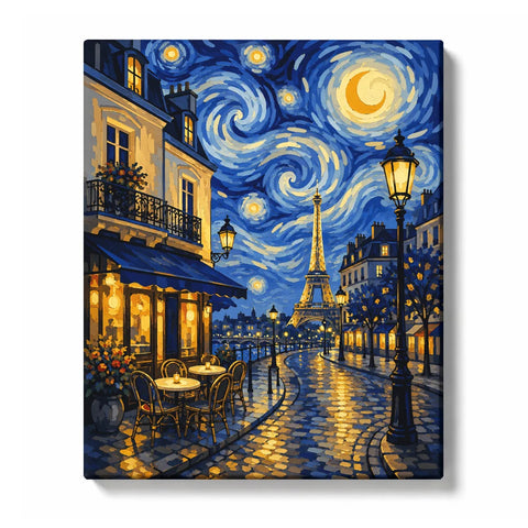 Van Gogh-inspired Paint by Numbers Paris scene with the Eiffel Tower, a glowing corner cafe, blue-and-gold cobblestones and swirling stars.