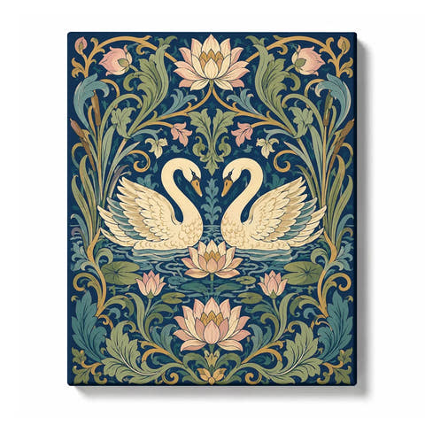 Two cream swans facing each other among pink lotus flowers, curling green leaves and gold stems on a navy blue Paint by Numbers design.